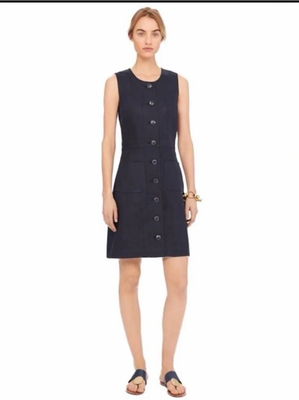 Tory Burch Navy Linen Button-Front Midi Dress Size 2